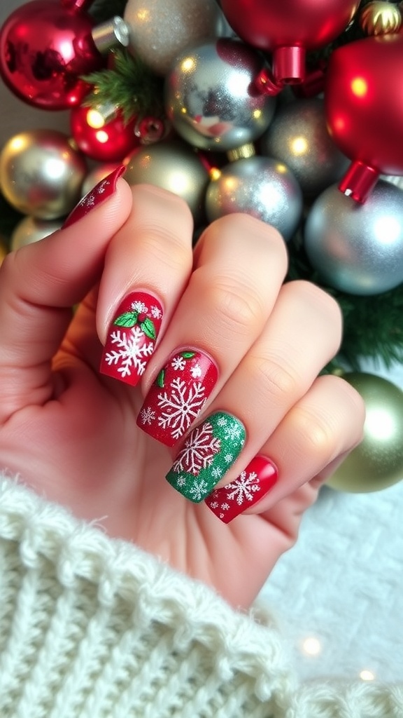 Christmas Nail Art Ideas for Medium Skin Tones Christmas nail art featuring red and green colors with snowflakes and glitter.
